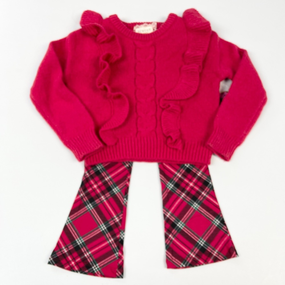 Btween Girls 4T Ruffle Sweater‎ Plaid Flare Pants Set Holiday Winter Cozy